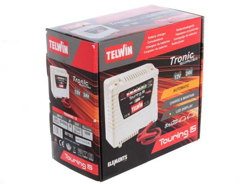 Telwin Touring 15 Battery Charger - 12 and 24 V Batteries - LED charging indicator