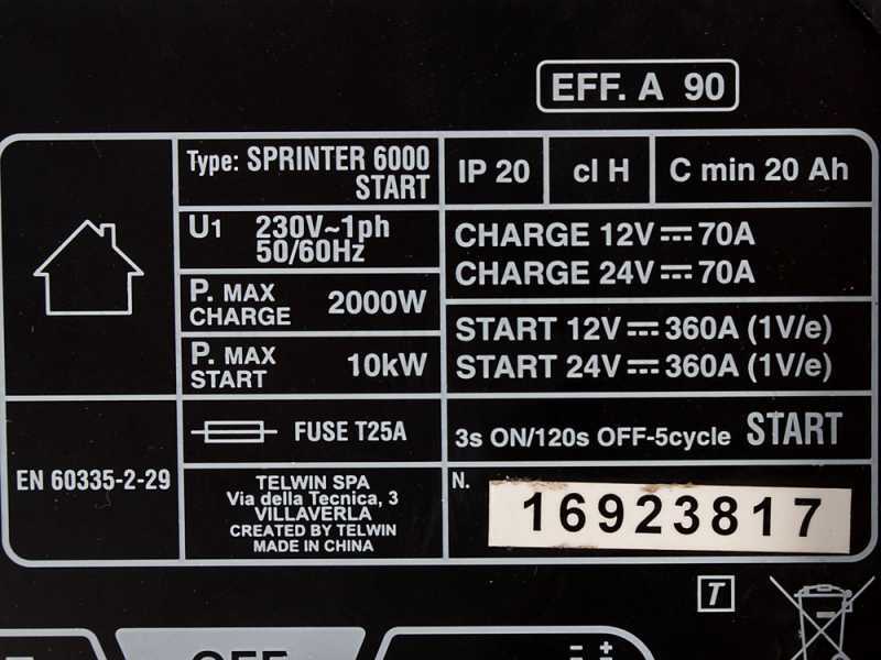 Telwin Sprinter 6000 Start Car Battery Charger and Starter - 12/24 V Batteries, 20 to 1550Ah