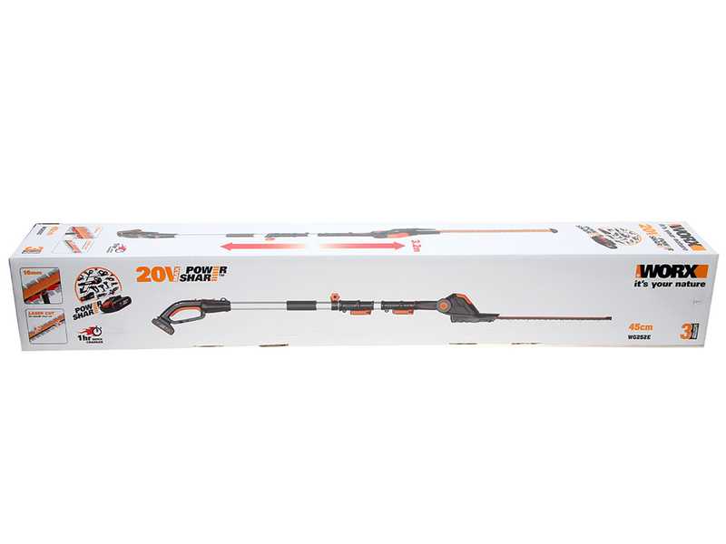 Worx WG252E Battery-powered Electric Hedge Trimmer on Telescopic Pole - 20V Battery - 45 cm Steel Blade