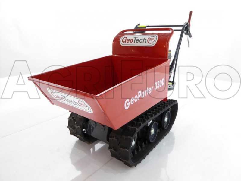 GeoTech Pro BMS155 LE - Tracked Self-propelled Wood Chipper on Power Barrow GeoPorter 330D - 4 Rollers - 15 HP Loncin Engine - Dumper Body