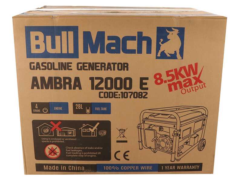 BullMach AMBRA 12000 E - 8.5 kW Wheeled Petrol Power Generator with AVR - DC 7.8 kW Single-phase