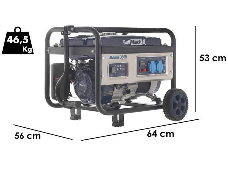 BullMach AMBRA 3600- 3 kW Wheeled Petrol Power Generator with AVR 3 kW - DC 2.8 kW Single-phase