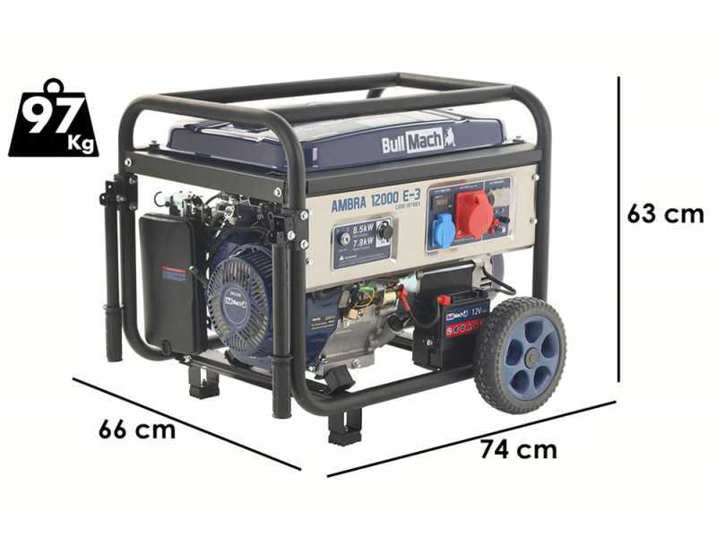BullMach AMBRA 12000 E-3 - 8.5 kW Wheeled Petrol Power Generator with AVR - DC 7.8 kW Three-phase
