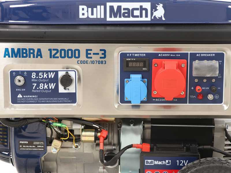 BullMach AMBRA 12000 E-3 - 8.5 kW Wheeled Petrol Power Generator with AVR - DC 7.8 kW Three-phase