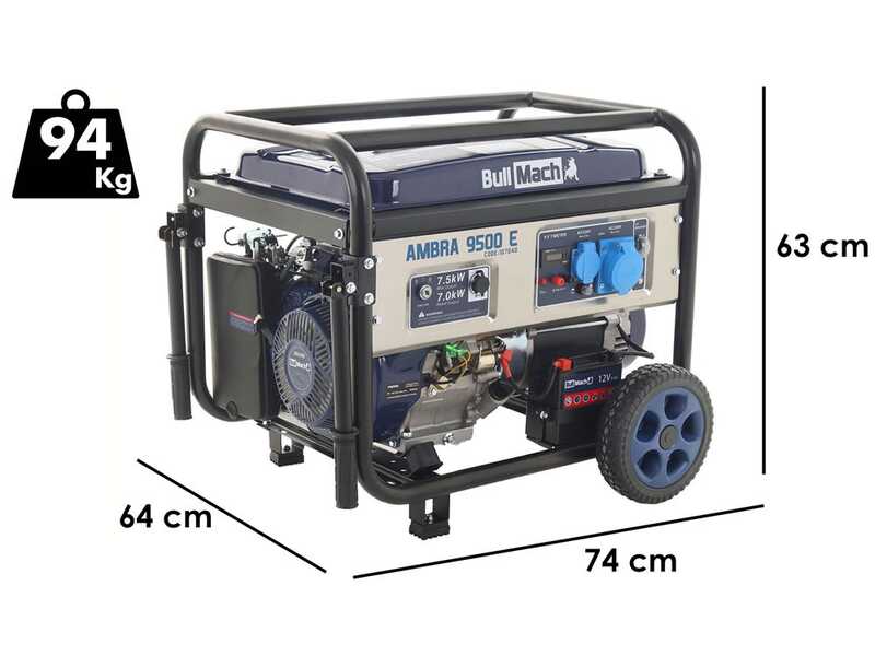 BullMach AMBRA 9500 E - 7.5 kW Wheeled Petrol Power Generator with AVR - DC 7 kW Single-phase