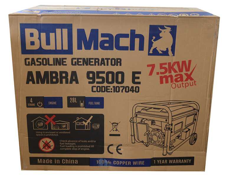BullMach AMBRA 9500 E - 7.5 kW Wheeled Petrol Power Generator with AVR - DC 7 kW Single-phase