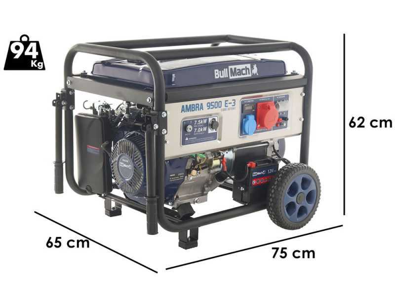 BullMach AMBRA 9500 E-3 - 7.5 kW Wheeled Petrol Power Generator with AVR - DC 7 kW Three-phase