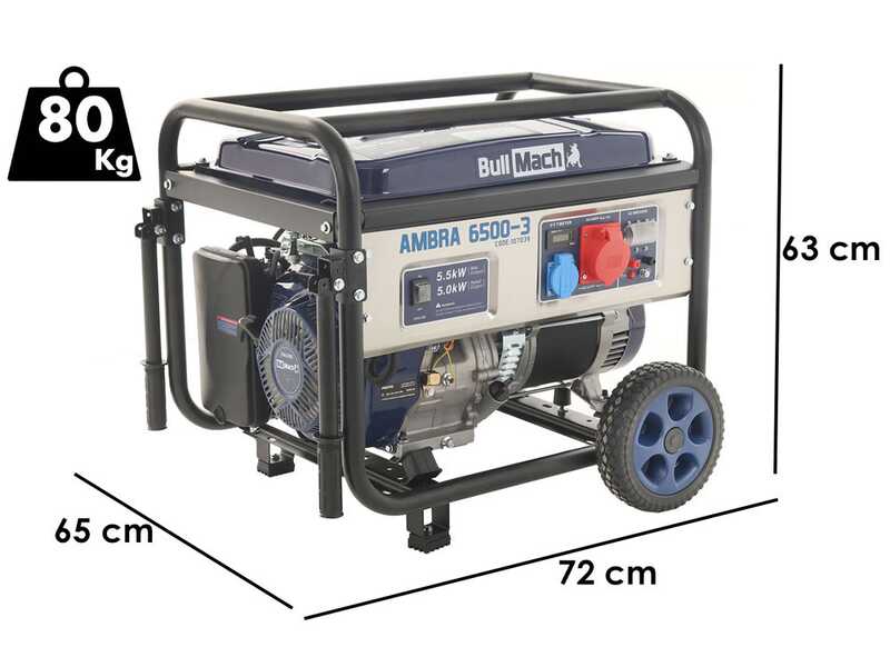 BullMach AMBRA 6500-3 - 5.5 kW Wheeled Petrol Power Generator with AVR - DC 5 kW Three-phase