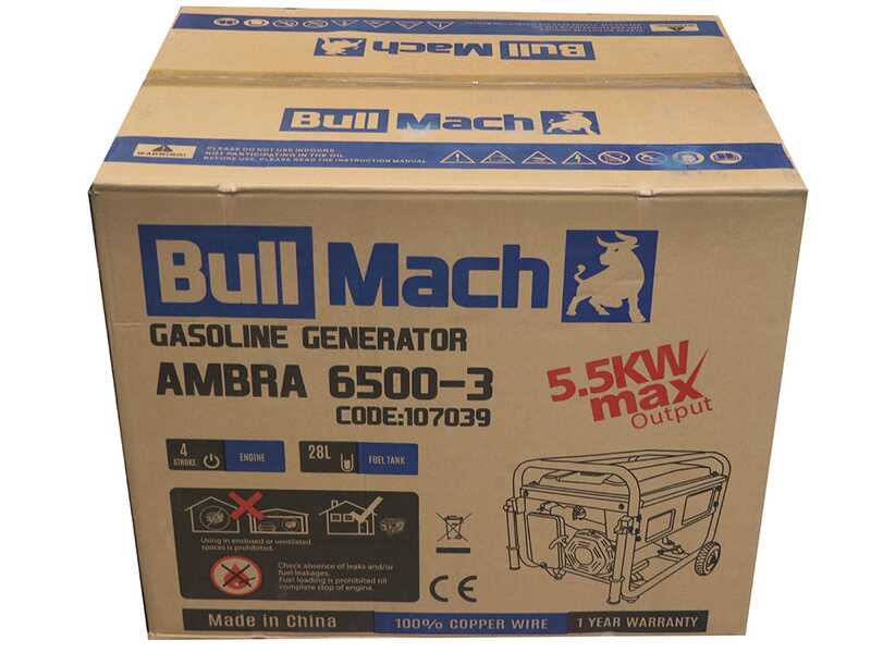 BullMach AMBRA 6500-3 - 5.5 kW Wheeled Petrol Power Generator with AVR - DC 5 kW Three-phase