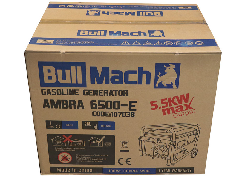 BullMach AMBRA 6500 E - 5.5 kW Wheeled Petrol Power Generator with AVR - DC 5 kW Single-phase