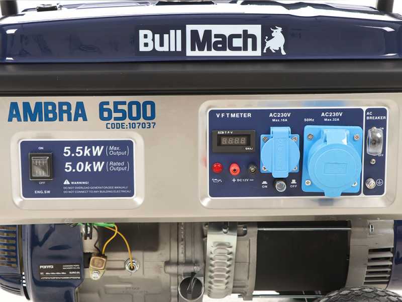 BullMach AMBRA 6500 - 5.5 kW Wheeled Petrol Power Generator with AVR - DC 5 kW Single-phase
