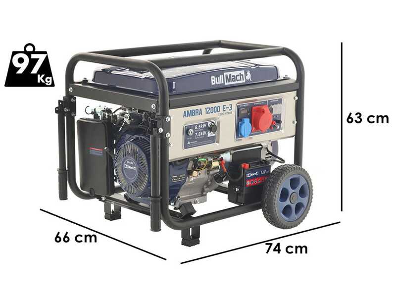 BullMach AMBRA 12000 E-3 - 8.5 kW Wheeled Petrol Power Generator with AVR - DC 7.8 kW Three-phase + ATS