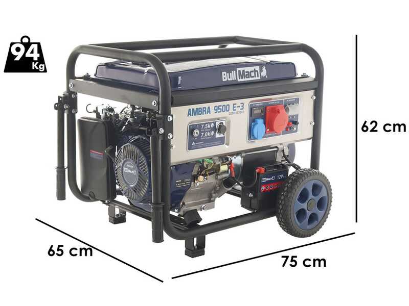 BullMach AMBRA 9500 E-3 - 7.5 kW Wheeled Petrol Power Generator with AVR - DC 7 kW Three-phase + ATS