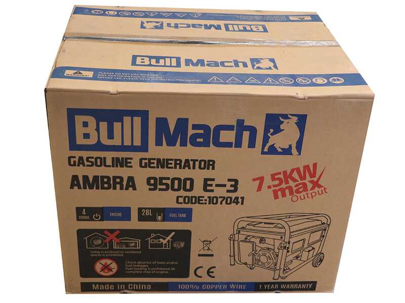 BullMach AMBRA 9500 E-3 - 7.5 kW Wheeled Petrol Power Generator with AVR - DC 7 kW Three-phase + ATS
