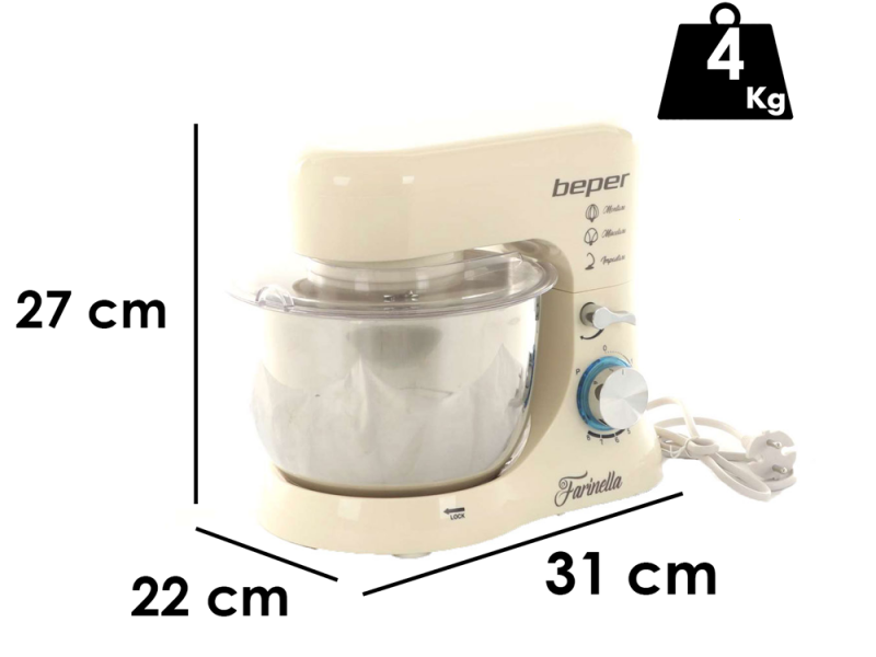 BEPER - Planetary mixer - 4.5L stainless steel bowl - 3 hooks included - 1000W