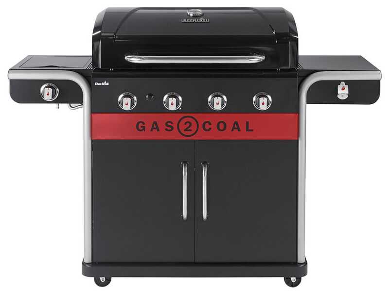 Charbroil Gas2Coal 4-Burner Hybrid Combo Gas & Charcoal Grill Cabinet With Side Burner Red Black Hbl1305