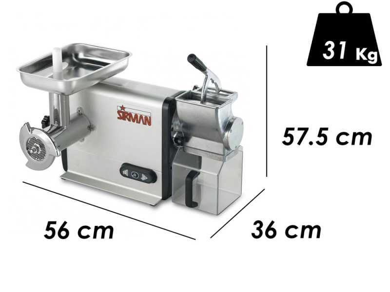 Sirman TCG 22 Dakota Electric Meat Mincer - with Integrated Grater - Removable Grinding Unit in Aluminium and Stainless Steel - Single-phase - 750 Watt