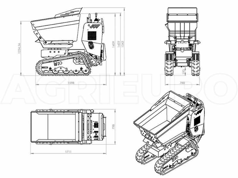 AgriEuro Top-Line RAPTOR 6800 HEDT 4.0 Tracked Power Barrow - Honda GXe270 - with Loading Bucket + Cement Mixer