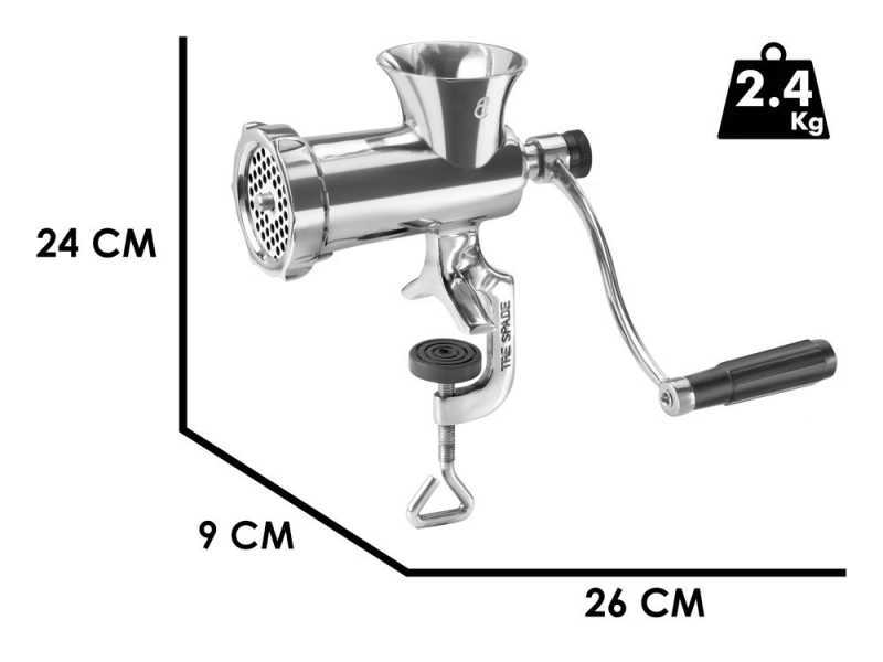Tre Spade TC-8 Inox - Manual Crank Meat Mincer - Fixing Clamp - N.8
