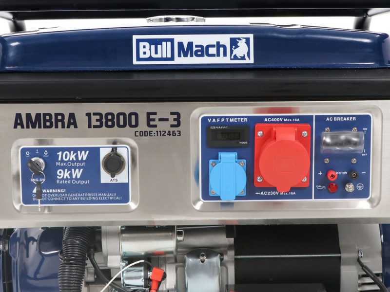 BullMach AMBRA 13800 E-3 - Petrol-powered Wheeled Generator with 10 kW AVR - DC 9 kW Three-phase