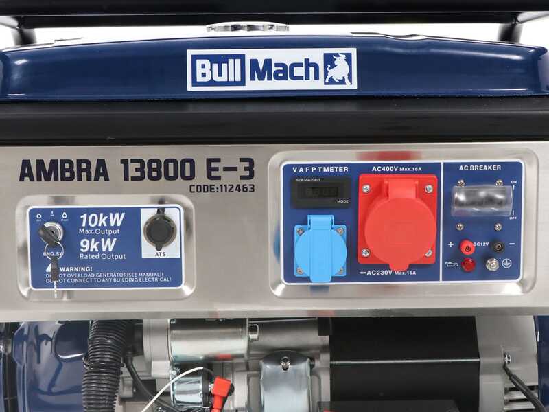BullMach AMBRA 13800 E-3 - Petrol-powered Wheeled Generator with 10 kW AVR - DC 9 kW Three-phase + ATS