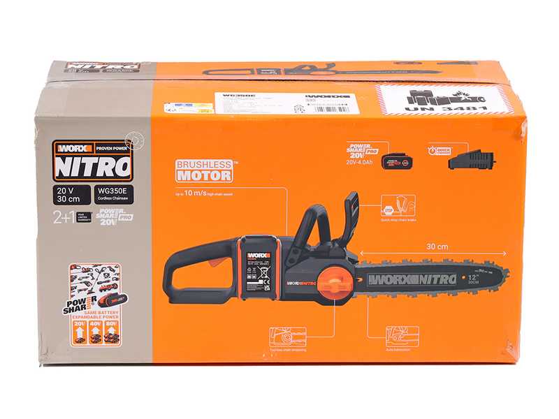 Worx Nitro WG350E - 20V/4Ah Battery-powered Electric Chainsaw - 30 cm Blade