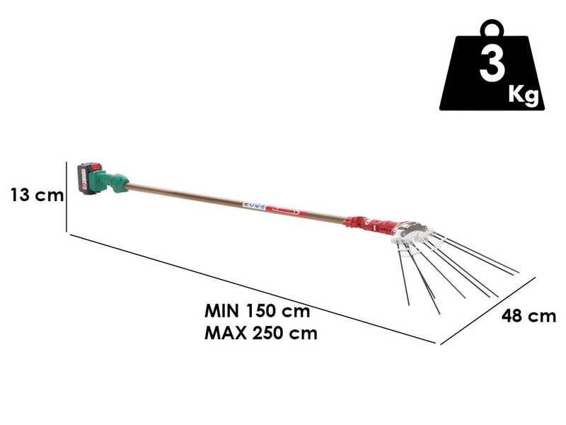 Sbaraglia Super23 Cordless - Electric Battery-powered Olive Harvester - 150-250 cm Aluminium Extension Pole - 3x (21V-5.2Ah)