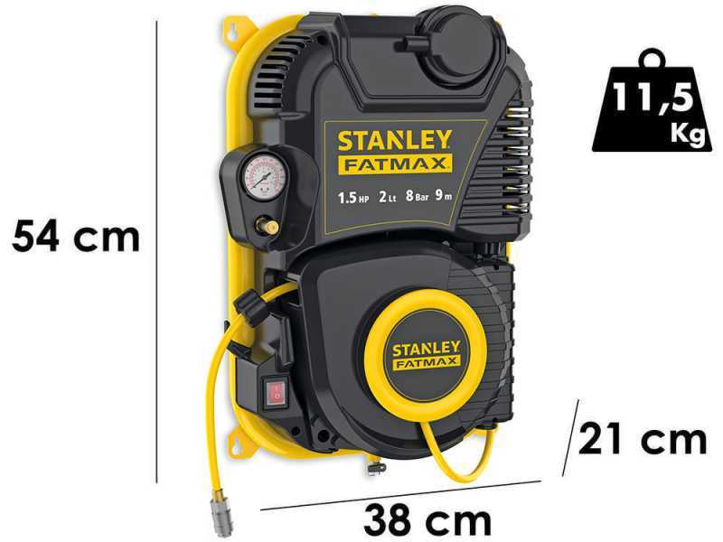 Stanley Wall Tech Pro - Single-phase electric wall-mounted, oil-less air compressor - 1.5 HP motor - 2 lt.