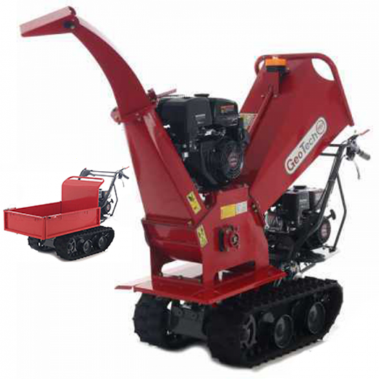 GeoTech Pro BMS155 LE - Tracked Self-propelled Wood Chipper on Power Barrow GeoPorter 330E - 4 Rollers - 15 HP Loncin Engine - Extendable Body