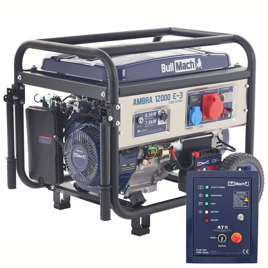 BullMach AMBRA 12000 E-3 - 8.5 kW Wheeled Petrol Power Generator with AVR - DC 7.8 kW Three-phase + ATS