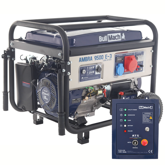 BullMach AMBRA 9500 E-3 - 7.5 kW Wheeled Petrol Power Generator with AVR - DC 7 kW Three-phase + ATS