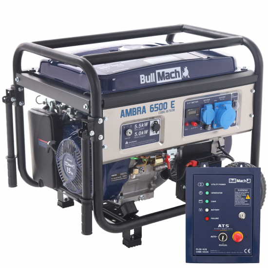 BullMach AMBRA 6500 E - 5.5 kW Wheeled Petrol Power Generator with AVR - DC 5 kW Single-phase + ATS