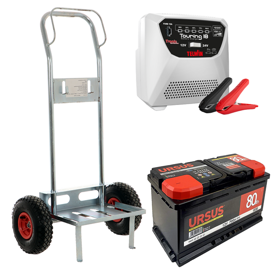 Full kit: GeoTech Battery Trolley + 80Ah Battery + Telwin Touring 18 Battery Charger