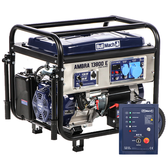 BullMach AMBRA 13800 E - Petrol-powered Wheeled Generator with Single-phase 10 kW AVR - ATS Panel Included