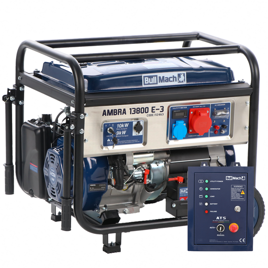 BullMach AMBRA 13800 E-3 - Petrol-powered Wheeled Generator with 10 kW AVR - DC 9 kW Three-phase + ATS