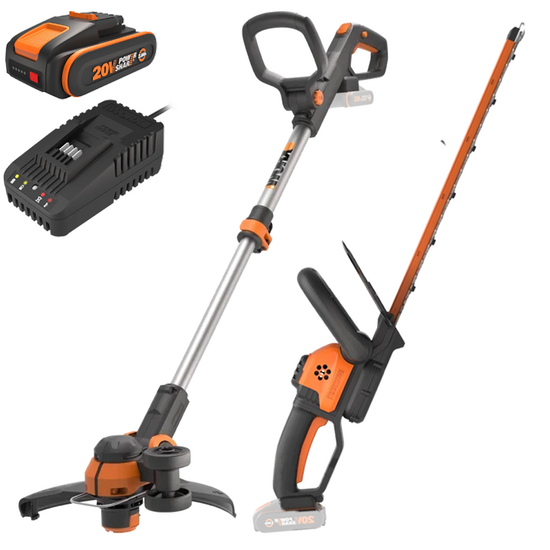 Worx WG918E - Cordless Hedge Trimmer + Grass Trimmer Kit - 20/2Ah