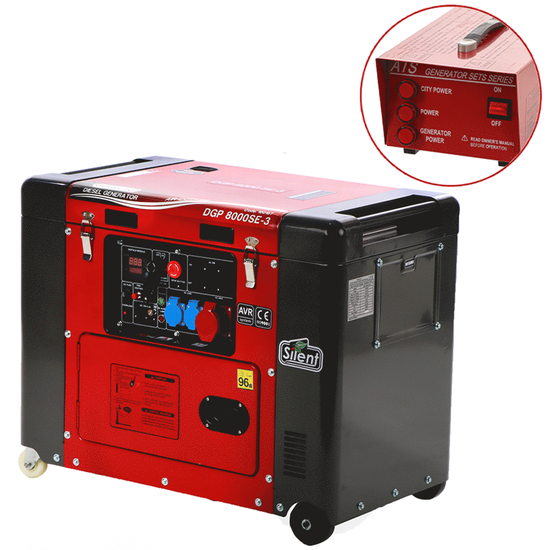 GeoTech Pro DGP8000SE-3 - 6 kW Wheeled Silenced Diesel Power Generator with AVR - DC 5.5 kW Three-phase + ATS
